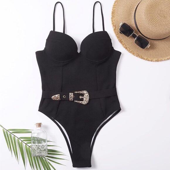 Vintage Black One Piece Gold Buckle Push Up Swim Suit - Picture 1 of 5